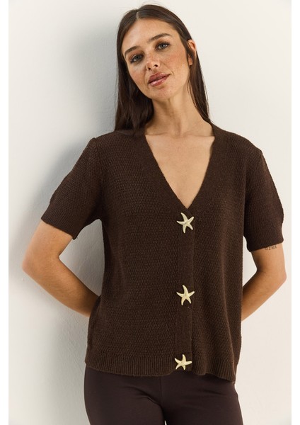 Kadın Deniz Yıldızı Aksesuarlı Pirinç Örgü Kısa Kollu Triko Hırka