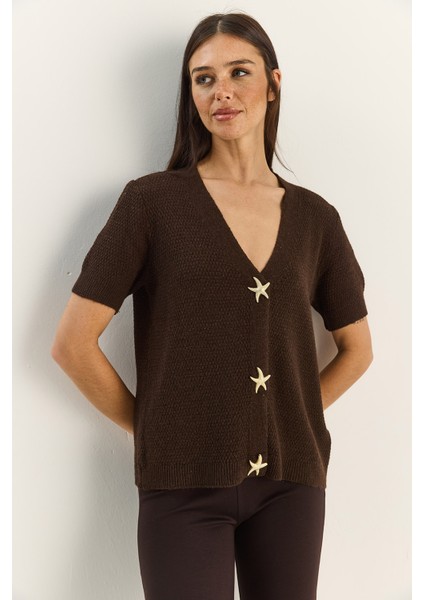 Kadın Deniz Yıldızı Aksesuarlı Pirinç Örgü Kısa Kollu Triko Hırka modelleri