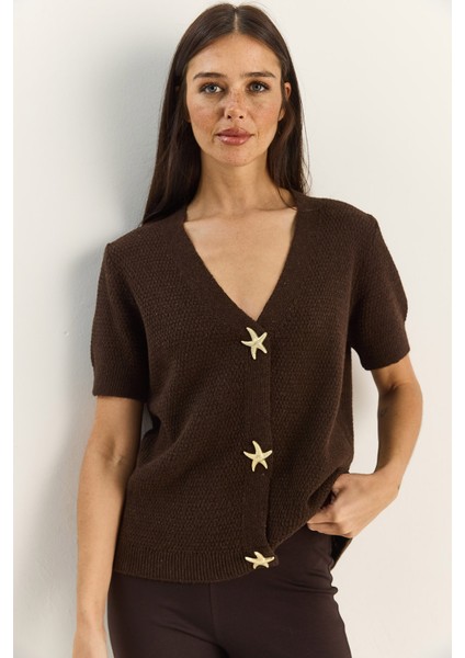 Kadın Deniz Yıldızı Aksesuarlı Pirinç Örgü Kısa Kollu Triko Hırka fırsatları
