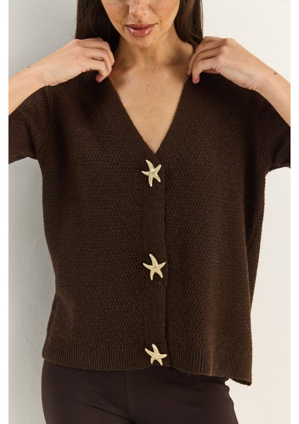 Kadın Deniz Yıldızı Aksesuarlı Pirinç Örgü Kısa Kollu Triko Hırka indirimleri