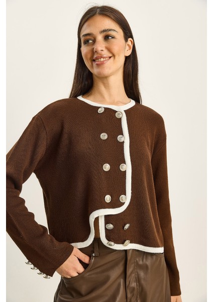 Kadın Gold Düğme Detaylı Asimetrik Kesim Triko Hırka fiyatları