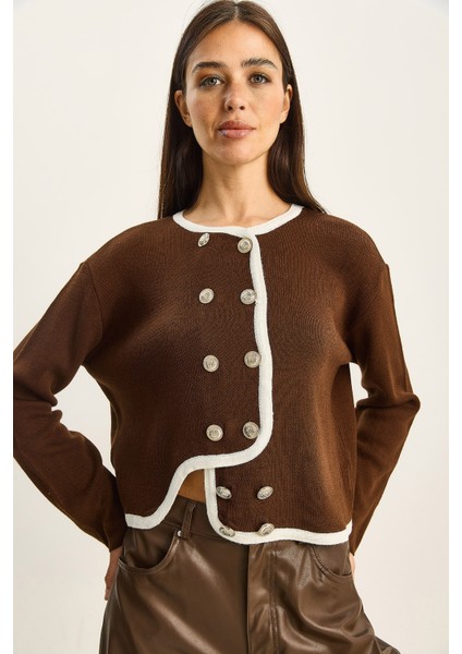 Kadın Gold Düğme Detaylı Asimetrik Kesim Triko Hırka modelleri