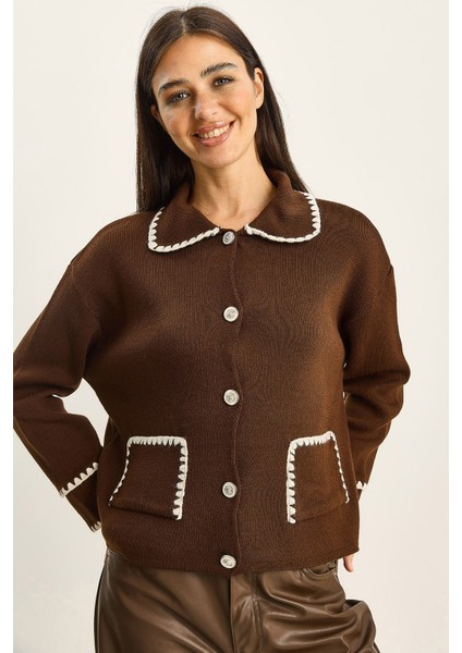 Kadın Polo Yaka Cep Detaylı Çoban Dikişli Triko Hırka