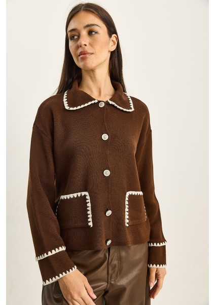 Kadın Polo Yaka Cep Detaylı Çoban Dikişli Triko Hırka fiyatları