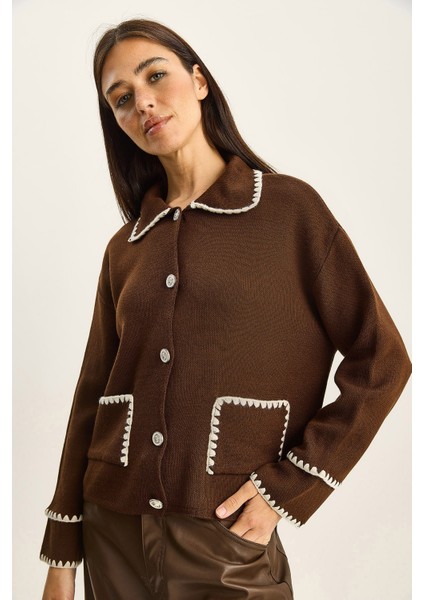 Kadın Polo Yaka Cep Detaylı Çoban Dikişli Triko Hırka modelleri