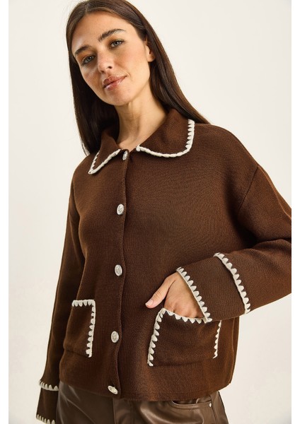 Kadın Polo Yaka Cep Detaylı Çoban Dikişli Triko Hırka fırsatları