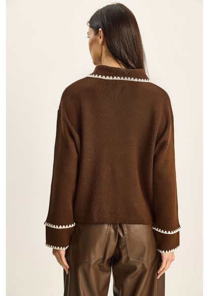 Kadın Polo Yaka Cep Detaylı Çoban Dikişli Triko Hırka