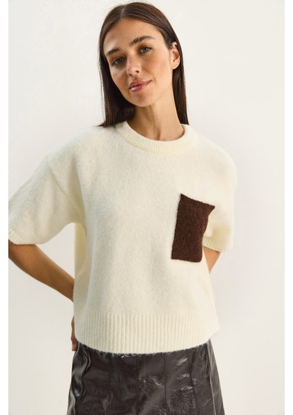 Kadın Renk Blok Cepli Kısa Kollu Triko Kazak