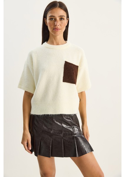 Kadın Renk Blok Cepli Kısa Kollu Triko Kazak fiyatları