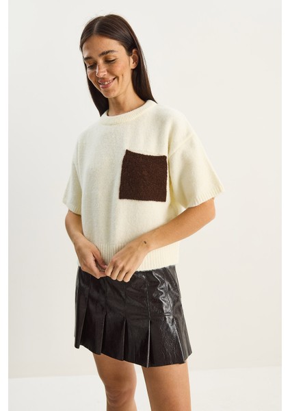 Kadın Renk Blok Cepli Kısa Kollu Triko Kazak modelleri