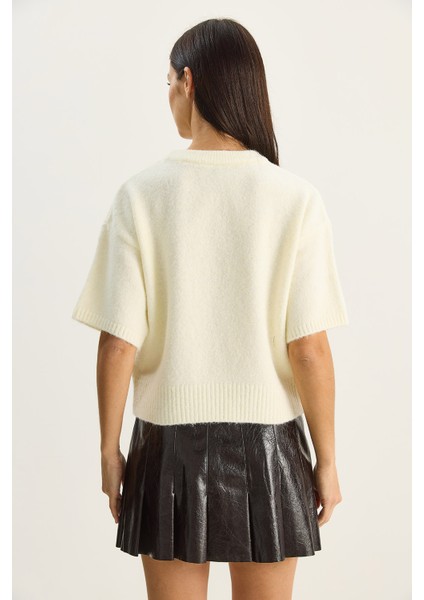 Kadın Renk Blok Cepli Kısa Kollu Triko Kazak