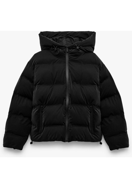 Kapüşonlu Uzun Kollu Fermuarlı Cepli Su Itici Şişme Mont modelleri