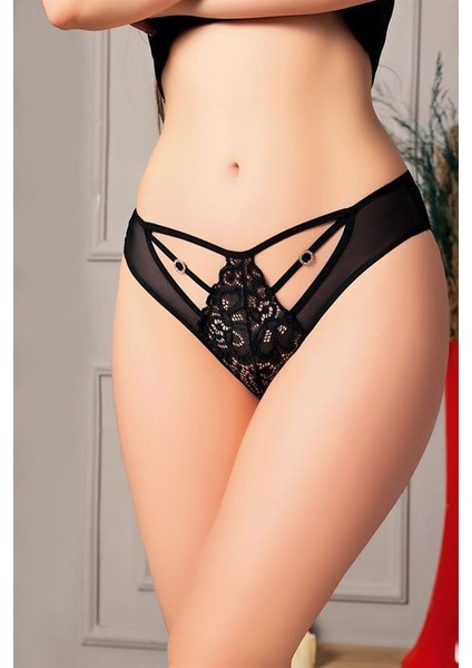 Arias Closet Siyah Dantelli Metal Aksesuarlı Fantezi Külot