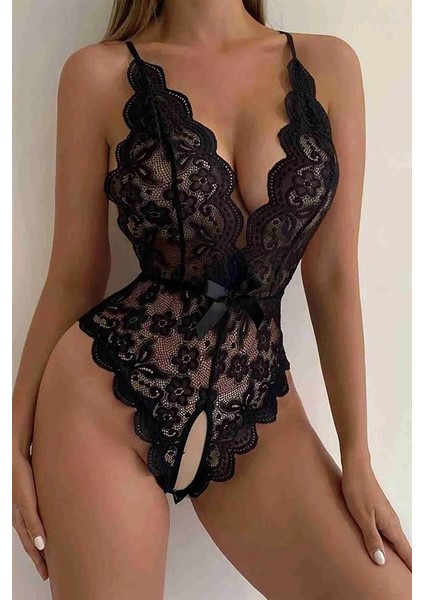 Arias Closet Siyah Özel Bölgesi Açık Fiyonklu Dantel Fantezi Body