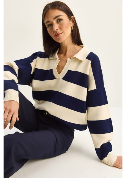 Kadın Polo Yaka Çizgili Triko Kazak