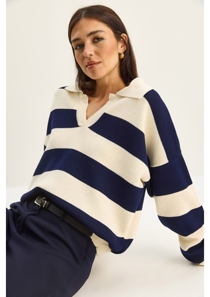 Kadın Polo Yaka Çizgili Triko Kazak fiyatları