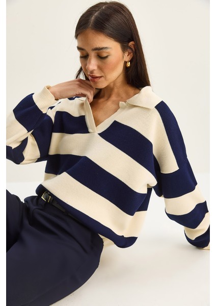 Kadın Polo Yaka Çizgili Triko Kazak modelleri