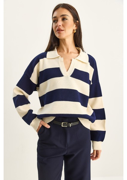 Kadın Polo Yaka Çizgili Triko Kazak indirimleri