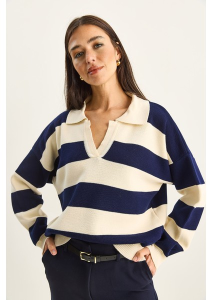 Kadın Polo Yaka Çizgili Triko Kazak
