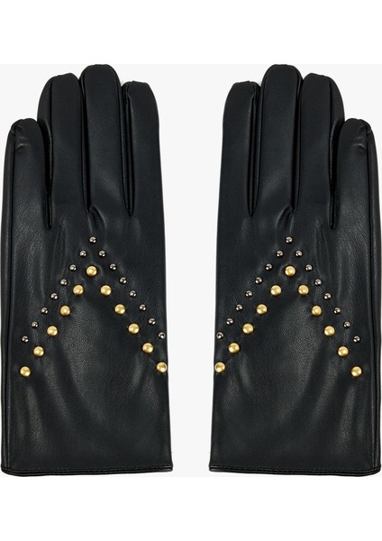 Metal Aksesuarlı Suni Deri Eldiven