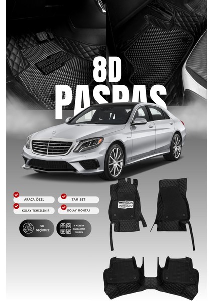Mercedes S500 / W222 (2013-2020) 8d Deri Havuzlu Oto Paspas | Tam Koruma & Hızlı Montaj