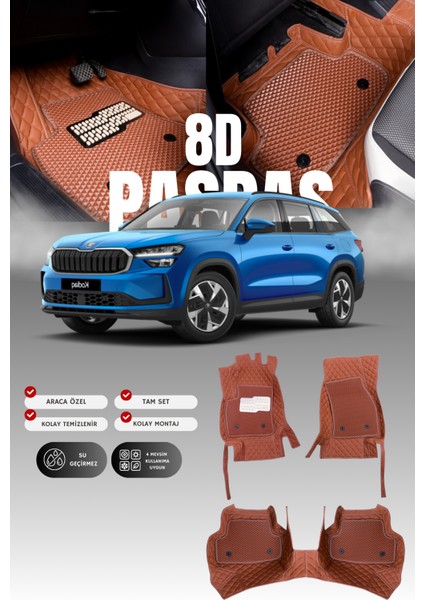 Skoda Kodiaq Hibrit (2024 ve Sonrası) 8d Deri Havuzlu Oto Paspas | Tam Koruma & Hızlı Montaj
