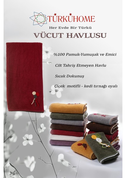 Çiçek Motifli, Kedi Tırnağı Oyalı, Yumuşak Dokulu Pamuklu Vücut Havlusu |kırmızı | 70X130 cm fiyatları