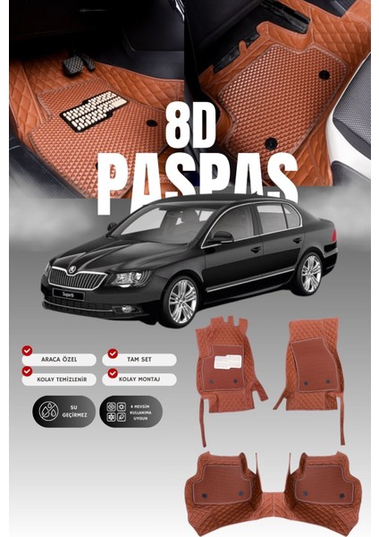Skoda Super-B (2008-2015) 8d Deri Havuzlu Oto Paspas | Tam Koruma,araca Özel & Hızlı Montaj