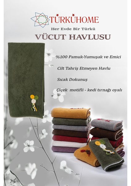 Çiçek Motifli, Kedi Tırnağı Oyalı, Yumuşak Dokulu Pamuklu Vücut Havlusu | Yeşil |70x130 cm fiyatları