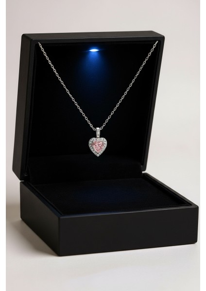 Işıklı Kutuda 925 Ayar Gümüş Kalp Kolye (Pembe)