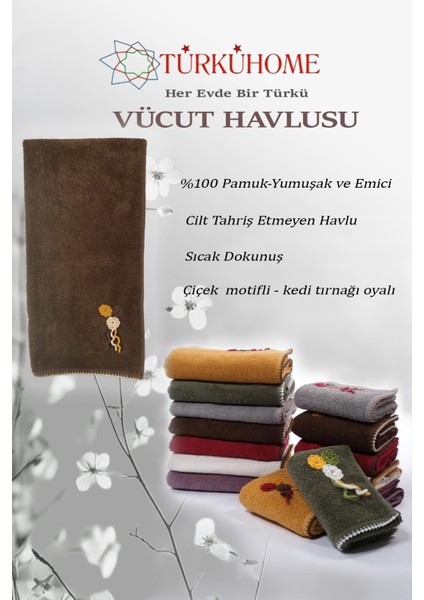 Çiçek Motifli, Kedi Tırnağı Oyalı, Yumuşak Dokulu Pamuklu Vücut Havlusu | Kahverengi |70x130 cm fiyatları