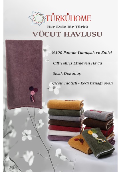 Çiçek Motifli, Kedi Tırnağı Oyalı, Yumuşak Dokulu Pamuklu Vücut Havlusu | Mor |70x130 cm fiyatları