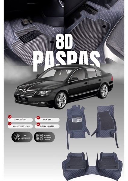 Skoda Super-B (2008-2015) 8d Deri Havuzlu Oto Paspas | Tam Koruma,araca Özel & Hızlı Montaj