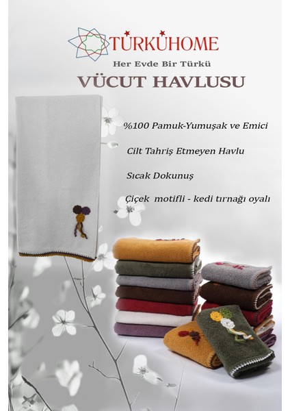 Çiçek Motifli, Kedi Tırnağı Oyalı, Yumuşak Dokulu Pamuklu Vücut Havlusu | Beyaz |70x130 cm fiyatları