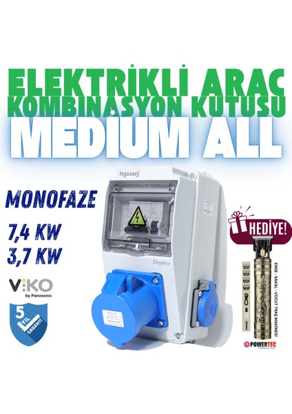 "Medium All" 7,4kW 3X32A + 1X16A Elektrikli Araç Kombinasyon Kutusu Tesla Mavi Adaptöre Uyumlu V i k o/P a n a s o n i c