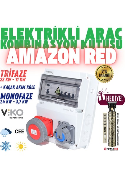 ''Amazon Red'' 22kW 5X32A + 1X16A Elektrikli Araç Kombinasyon Kutusu Kaçak Akım Röle V i k o/P a n a s o n i c 5 Yıl Garanti