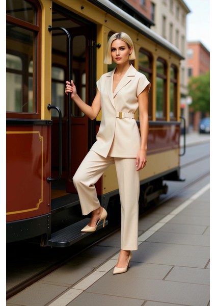 Kadın Alt Üst Kolsuz Blazer Yelek Geniş Paça Pantolon Takımı Modern Rahat Günlük Ofis Kombinleri modelleri