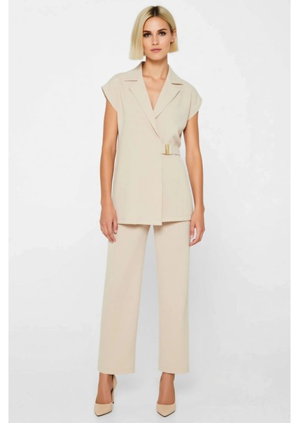Kadın Alt Üst Kolsuz Blazer Yelek Geniş Paça Pantolon Takımı Modern Rahat Günlük Ofis Kombinleri fırsatları