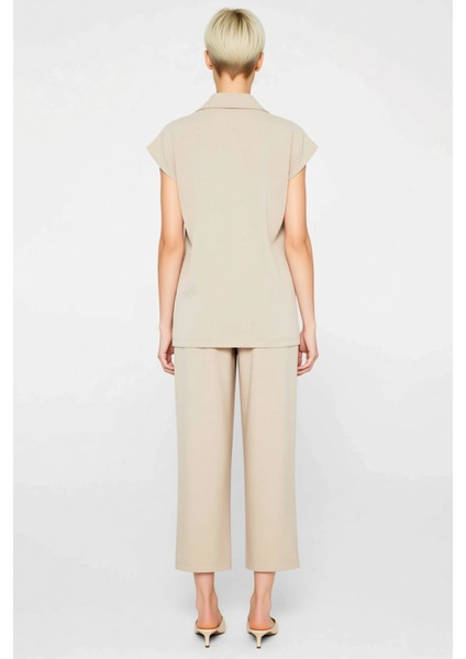 Kadın Alt Üst Kolsuz Blazer Yelek Geniş Paça Pantolon Takımı Modern Rahat Günlük Ofis Kombinleri indirimleri