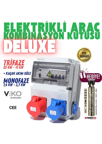 "Deluxe" 22kW 7,4kW 5X32A + 3X32A + 1X16A Elektrikli Araç Kombinasyon Kutusu Tesla Mavi Adaptör Uyumlu Kaçak Akım Röle V i k o/P a n a s o n i c