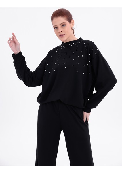 Siyah Parlak Rahat Kalıp Kristal Taşlı Bisiklet Yaka Sweatshirt ve Düz Paça Eşofman Altı Takımı