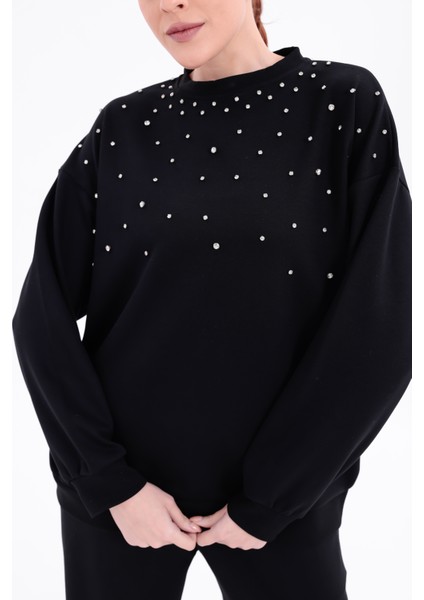 Siyah Parlak Rahat Kalıp Kristal Taşlı Bisiklet Yaka Sweatshirt ve Düz Paça Eşofman Altı Takımı