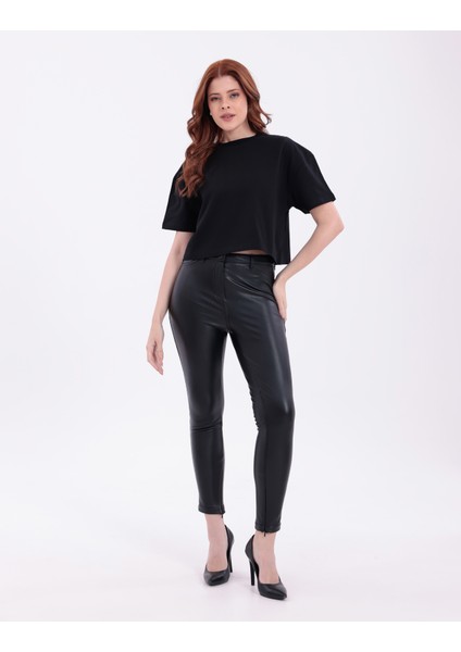 Siyah Bisiklet Yaka Basic Kısa Kollu Crop T-Shirt