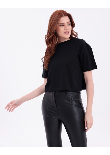 Siyah Bisiklet Yaka Basic Kısa Kollu Crop T-Shirt fiyatları
