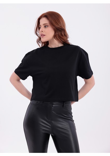 Siyah Bisiklet Yaka Basic Kısa Kollu Crop T-Shirt fırsatları