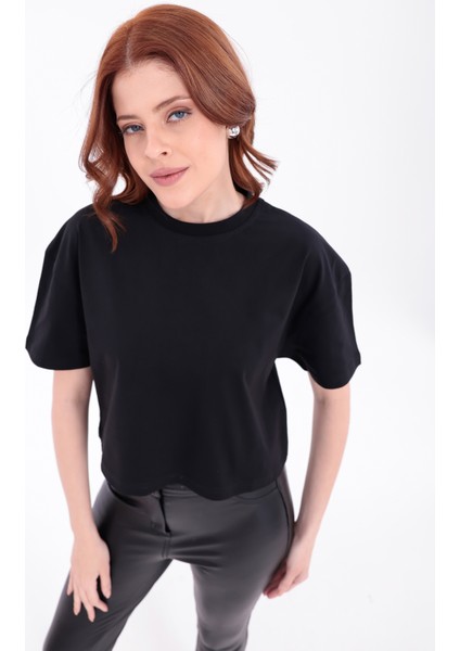 Siyah Bisiklet Yaka Basic Kısa Kollu Crop T-Shirt indirimleri