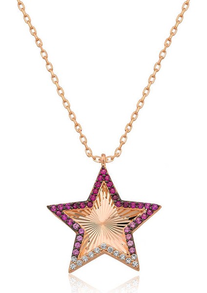 Gümüş Rose Pembe Fırfır Desenli Yıldız Bayan Kolye