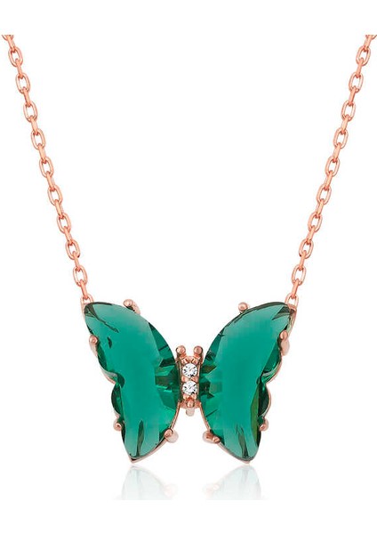 Gümüş Rose Yeşil Cam Kelebek Kolye