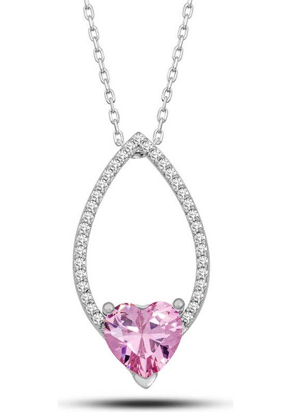 Gümüş Pembe Taşlı Kalp Kadın Kolye