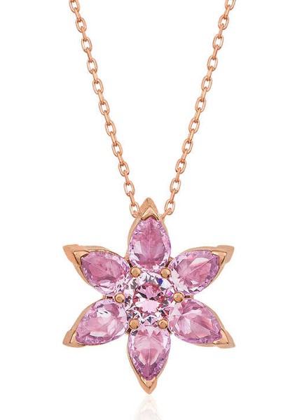 Gümüş Rose Pembe Çiçek Kolye